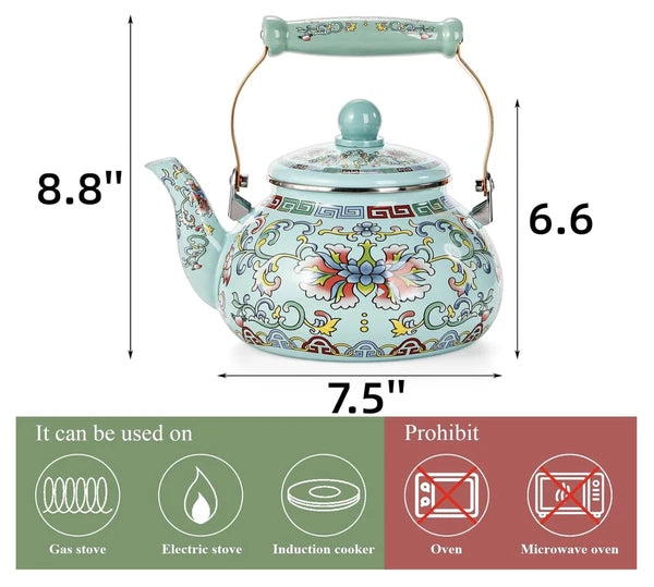 2.6QT Floral Enamel Tea Kettle with Ceramic Handle – Vintage Stovetop Pot