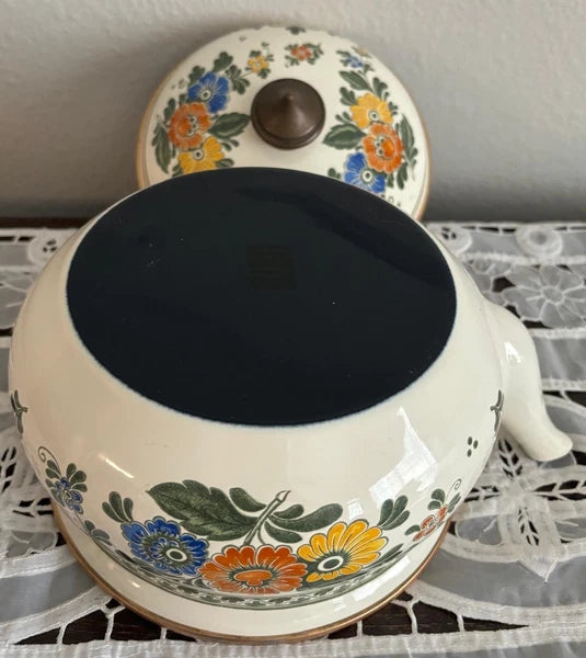 ASTA Enamelware Tea Kettle 1960s Amsterdam Teapot Brass Handles Floral 🌺