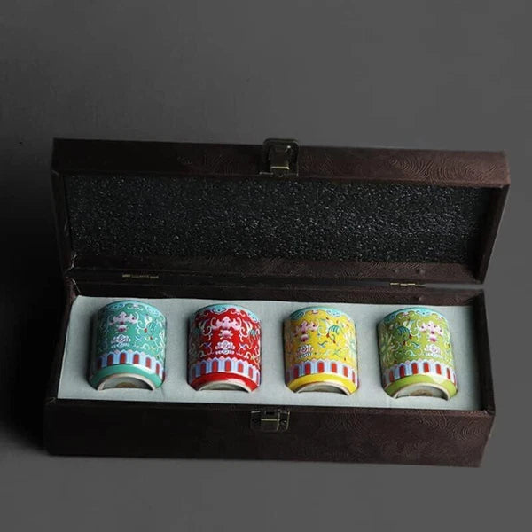 4pcs Enamel Pastel Rolling Porcelain Straight Mouth Teacup Retro Pottery Gift