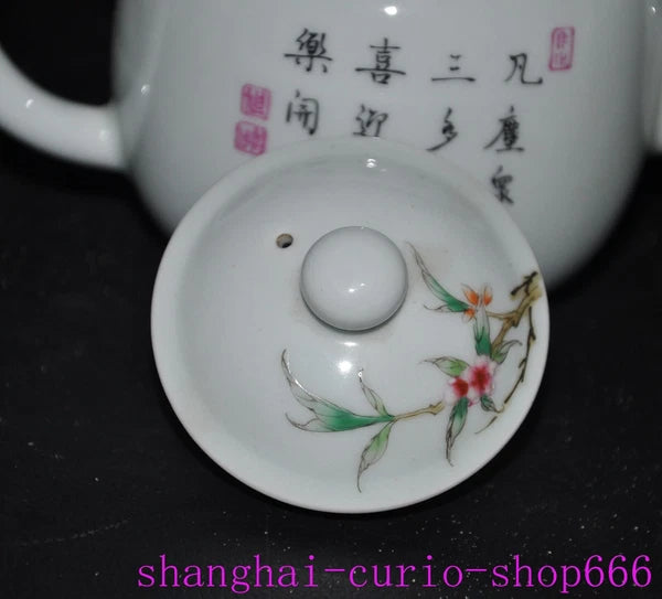 6"China Qing Yongzheng enamel porcelain shoutao Peach text Tea set Teapot statue