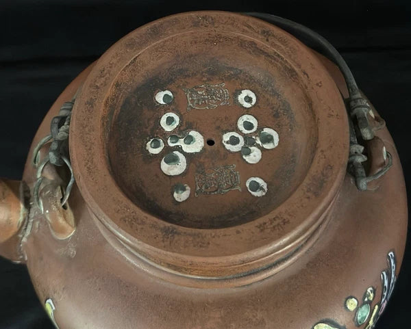 ANTIQUE CHINESE YIXING ZISHA CLAY TEAPOT WITH ENAMELED FLORAL & BIRD DECORATIONS