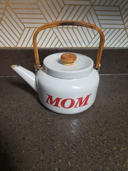 Vintage Enamelware White Teapot Tea Kettle MOM 70's