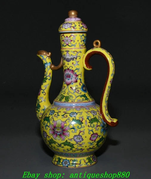 9.8''Qing Yongzheng Enamel Colour Porcelain Gilt Portable Wine Tea Pot Flagon