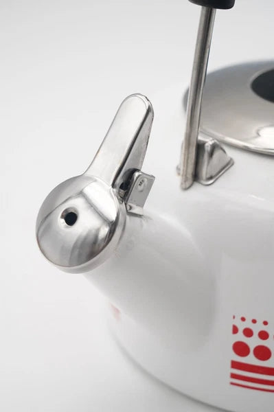 Chantal Enamel on Steel Sven Whistling Tea Kettle White Red Dot Pattern