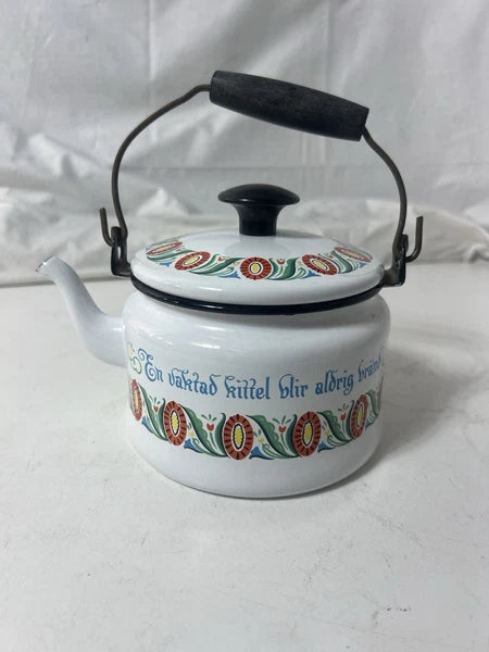Swedish Folk ArtVINTAGE ENAMEL TEAPOT KETTLE ENAMELWARE script