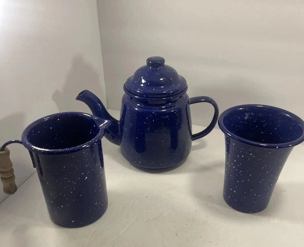 Enamelware Speckled Blue Tea Pot Kettle, Cup And Small Picher