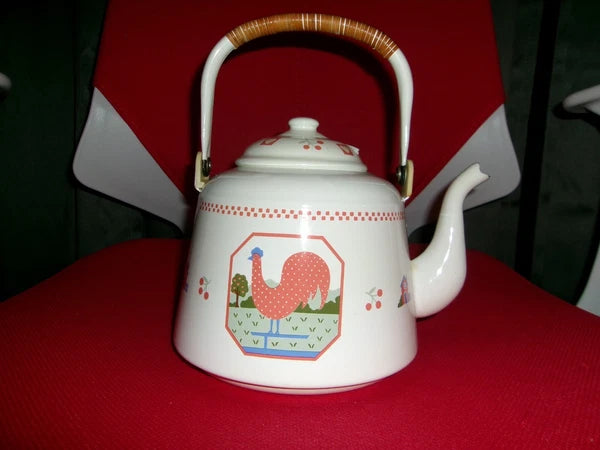 vintage enamel farm scene tea kettle by raintree ltd