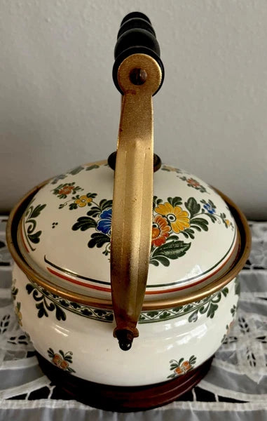 ASTA Enamelware Tea Kettle 1960s Amsterdam Teapot Brass Handles Floral 🌺