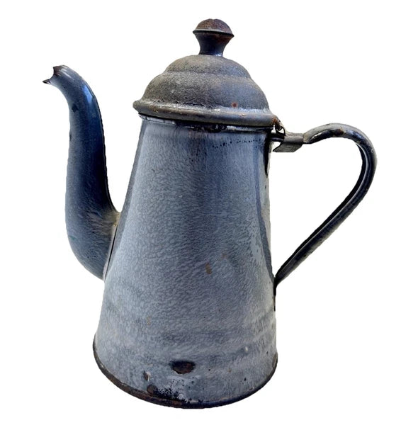 ANTIQUE Grey Enamel Graniteware TEA POT  8 1/2” Tall Goose Neck Spout