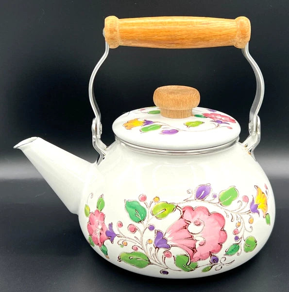 GAILSTYN SUTTON Vintage Enamel Ware Metal Teapot 1983 Floral Foliage II EUC