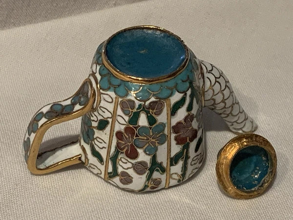 Miniature Floral Enamel Cloisonné Teapot Blue/Mauve/White Florals