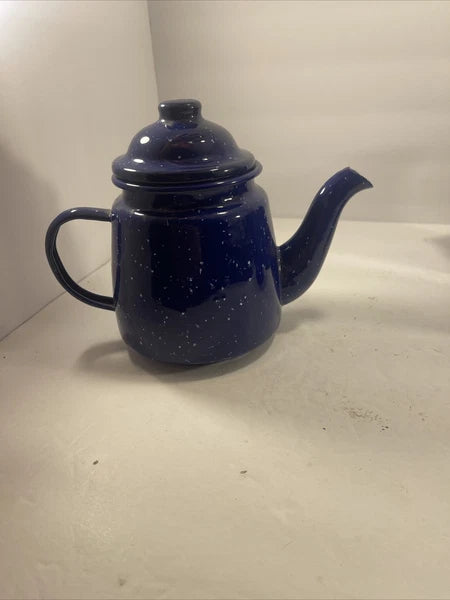 Enamelware Speckled Blue Tea Pot Kettle, Cup And Small Picher