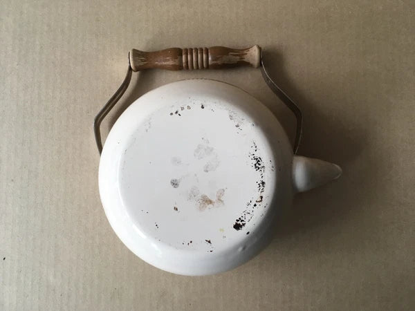 Vintage Enamelware Teapot w/Dutch Farm Scene & Wooden Handle, 9" Ht, 7 1/8" Diam