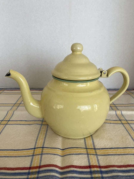 Vintage Yellow Enamelware Tea Pot With Hinged Lid