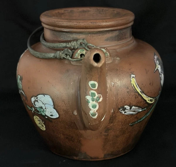 ANTIQUE CHINESE YIXING ZISHA CLAY TEAPOT WITH ENAMELED FLORAL & BIRD DECORATIONS