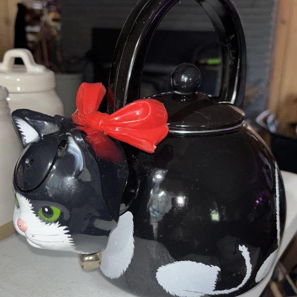 Vintage 1995 Via Ancona Metal Whistling Cat Teapot With Bell Collar and Red Bow