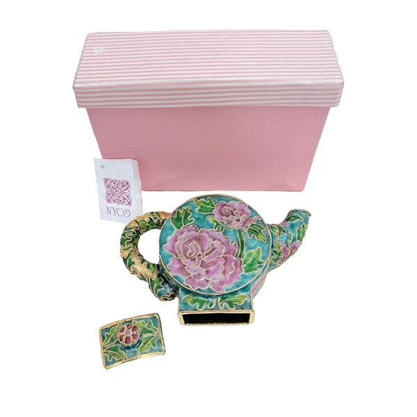 Vintage Teapot Round Metal Enamel Cloisonne Mini Teapot Turquoise Nyco 3.5" New