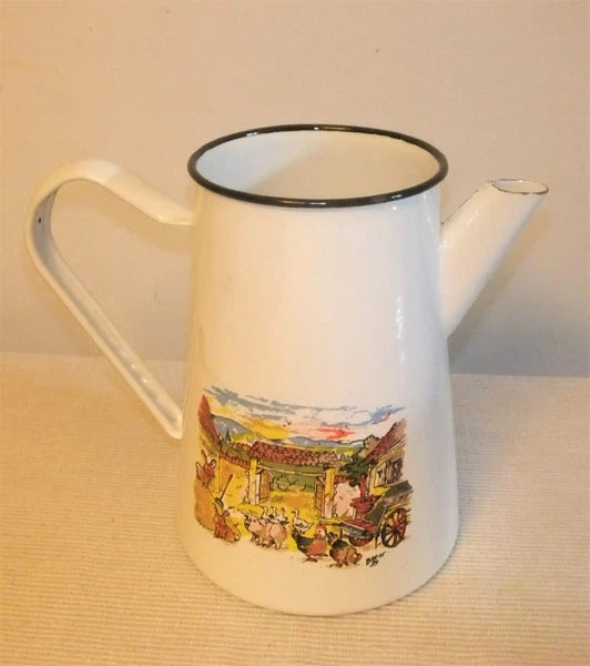 ANTIQUE SCREEN PRINTED PORCELAIN ENAMEL COFFEE MAKER OR TEAPOT