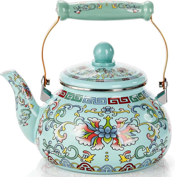 2.6QT Floral Enamel Tea Kettle with Ceramic Handle – Vintage Stovetop Pot