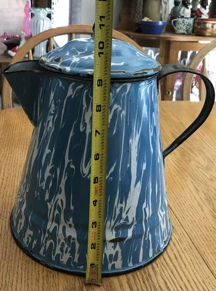 Vintage Antique Blue White Swirl Enamel Coffee Tea Pot Cowboy Kettle 11” Large