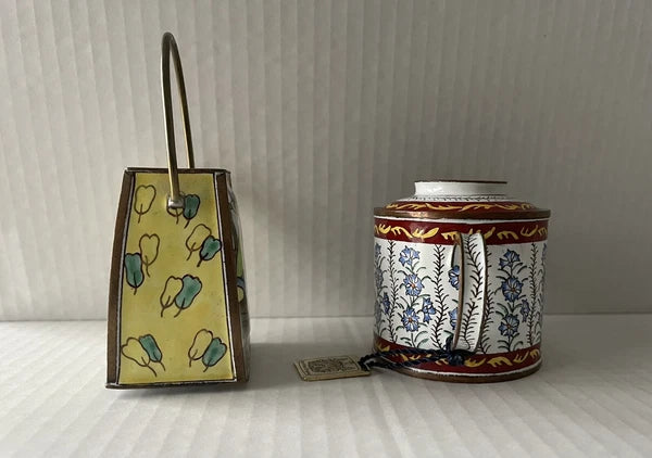 Enamel Mini Copper Hand Painted Teapot NO LIDS Miniature LOT OF 2 Vintage