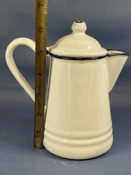 Enamelware Small 6 1/2" Coffee / Tea Pot White/Black Trim. RARE Find! 4736