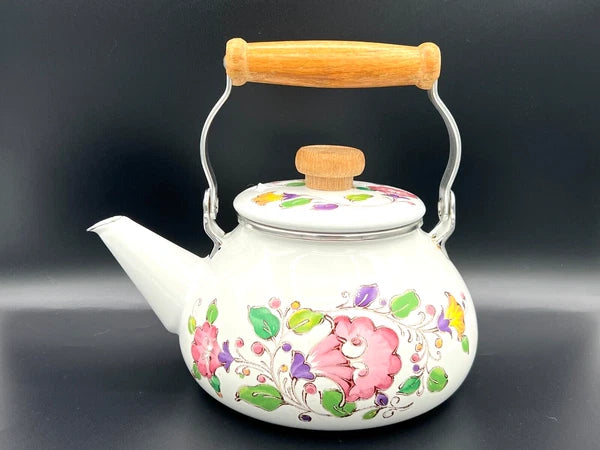 GAILSTYN SUTTON Vintage Enamel Ware Metal Teapot 1983 Floral Foliage II EUC