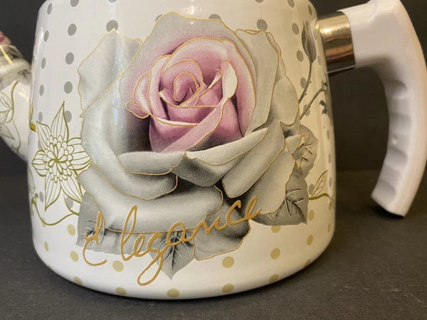Elegance Enamel Kettle Teapot Handle Pink Rose Perfume Pattern
