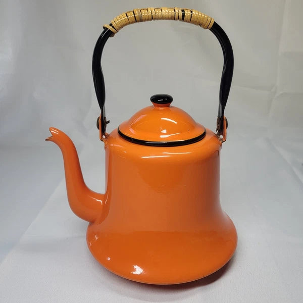 Vintage MCM Orange Black Baked Enamelware Tea Pot Kettle Japan Mod Kitchen
