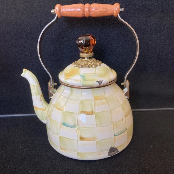 MACKENZIE-CHILDS 2 QT Teapot Kettle PARCHMENT CHECK Retired Color Enamel Loss
