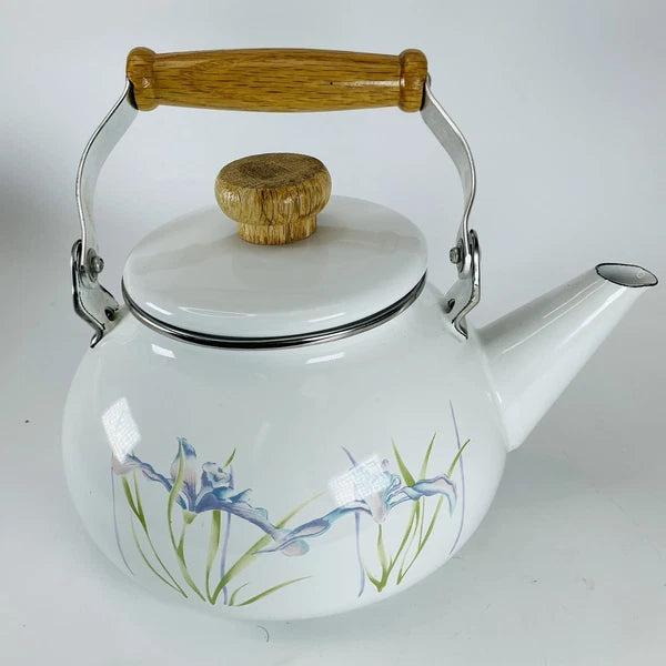VTG Lincoware Corelle Coordinates SHADOW IRIS Tea Kettle Pot Enamel Over Metal