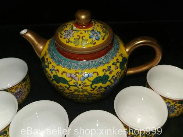 8" Old Chinese Qing dynasty Enamel Porcelain Gilt flower Tea pot Cup set