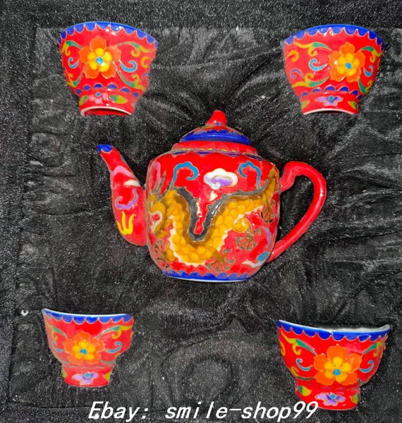 4.5" Qianlong Enamel Colour Porcelain Dragon Phoenix Beast Tea Pot Cup Set