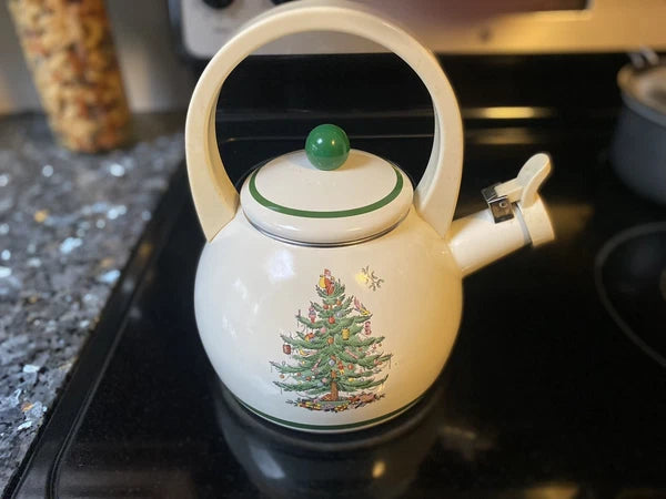 Vintage Spode Christmas Tree Whistling Tea Kettle Pot Porcelain Enamel 2.2 Quart