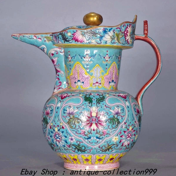 9.4" Yongzheng Enamel Colour Porcelain Gilt Lotus Flower Wine Tea Pot Flagon