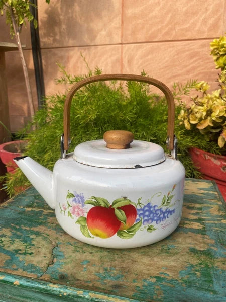 Vintage Old Enamel Porcelain Apple Grapes Print Wooden Handle Teapot Kettle