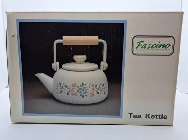 Vintage Unused Fascino Metal Enamel Stovetop Tea Kettle White/Floral