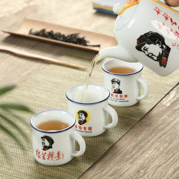 1 Pot 6cup Retro Imitation Enamel Teapot Cup Chairman Mao Pattern Drinkware