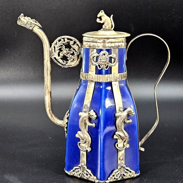 Vintage Chinese Blue Enamel Dragon Ewer Teapot w/ Rat Finial