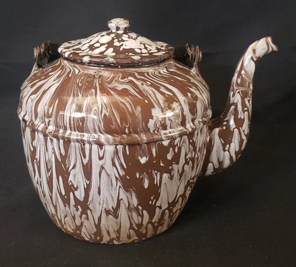 Rare Vintage Enameled Ware Brown / White Mottled Pattern Teapot