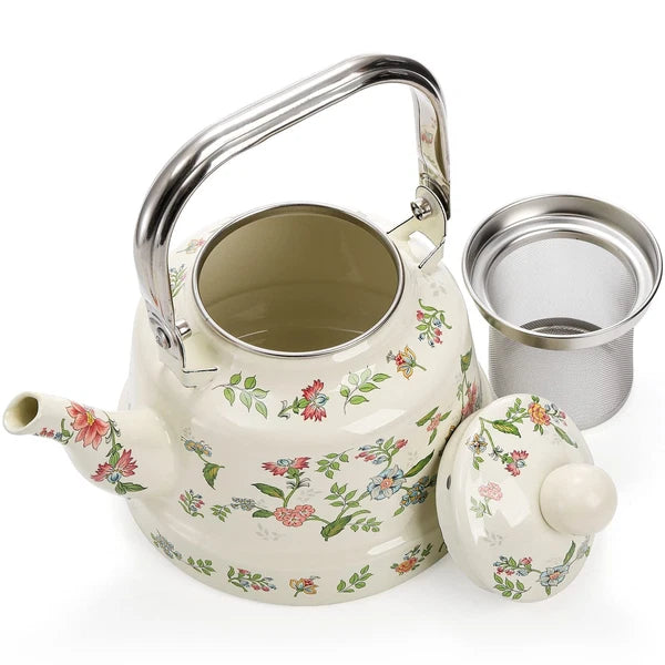 1.8 Quart Vintage Enamel Stovetop Tea Kettle, Retro Green Floral Enamel on St...