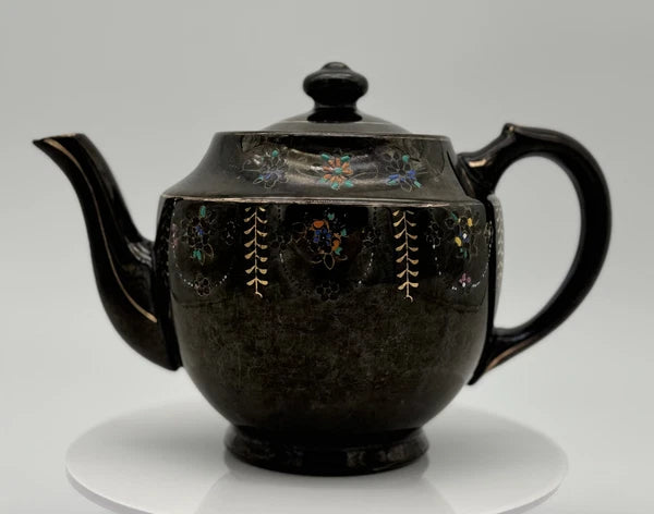 Vintage Dark Brown Teapot with Floral Enamel Design and Lid