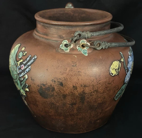 ANTIQUE CHINESE YIXING ZISHA CLAY TEAPOT WITH ENAMELED FLORAL & BIRD DECORATIONS