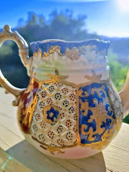 Fine Satsuma Teapot Moriage Raised Gold Hand Painted Enamel Red Blue c1880
