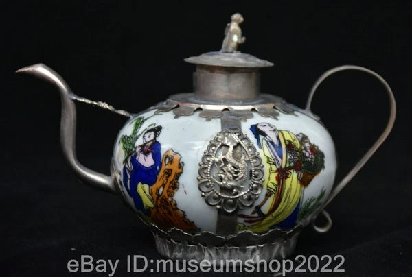 6" Old Chinese Copper Enamel Porcelain Dynasty Beauty Belle Teapot Kettle Statue