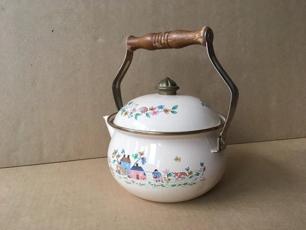 Vintage Enamelware Teapot w/Dutch Farm Scene & Wooden Handle, 9" Ht, 7 1/8" Diam