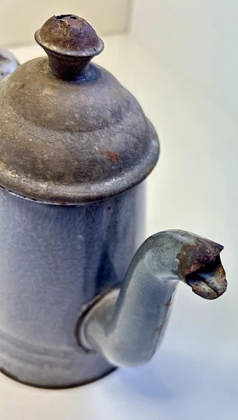 ANTIQUE Grey Enamel Graniteware TEA POT  8 1/2” Tall Goose Neck Spout