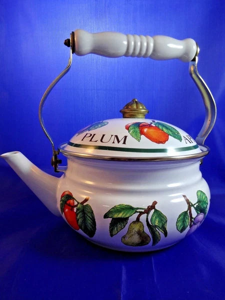 Vintage Enamel Fruit Decorated Tea Kettle Tea Pot Plum Apple Peach Pear