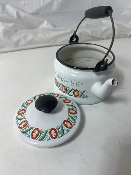 Swedish Folk ArtVINTAGE ENAMEL TEAPOT KETTLE ENAMELWARE script