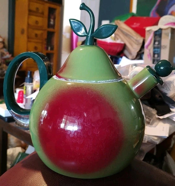 Vintage Retro 80's COPCO Red & Green Apple or Pear Enamel Teapot 2.5 Qt. Kettle